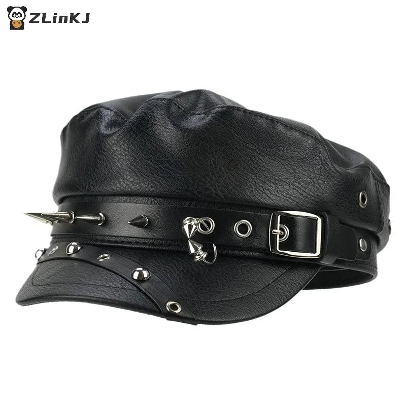 ▶Vintage Rivet Beret Harajuku Y2K Girl Gothic Lolita Black Leather Dark Face Revealing Flat Top Newsboy Caps Sunscreen Beret Cap Zpaxo
