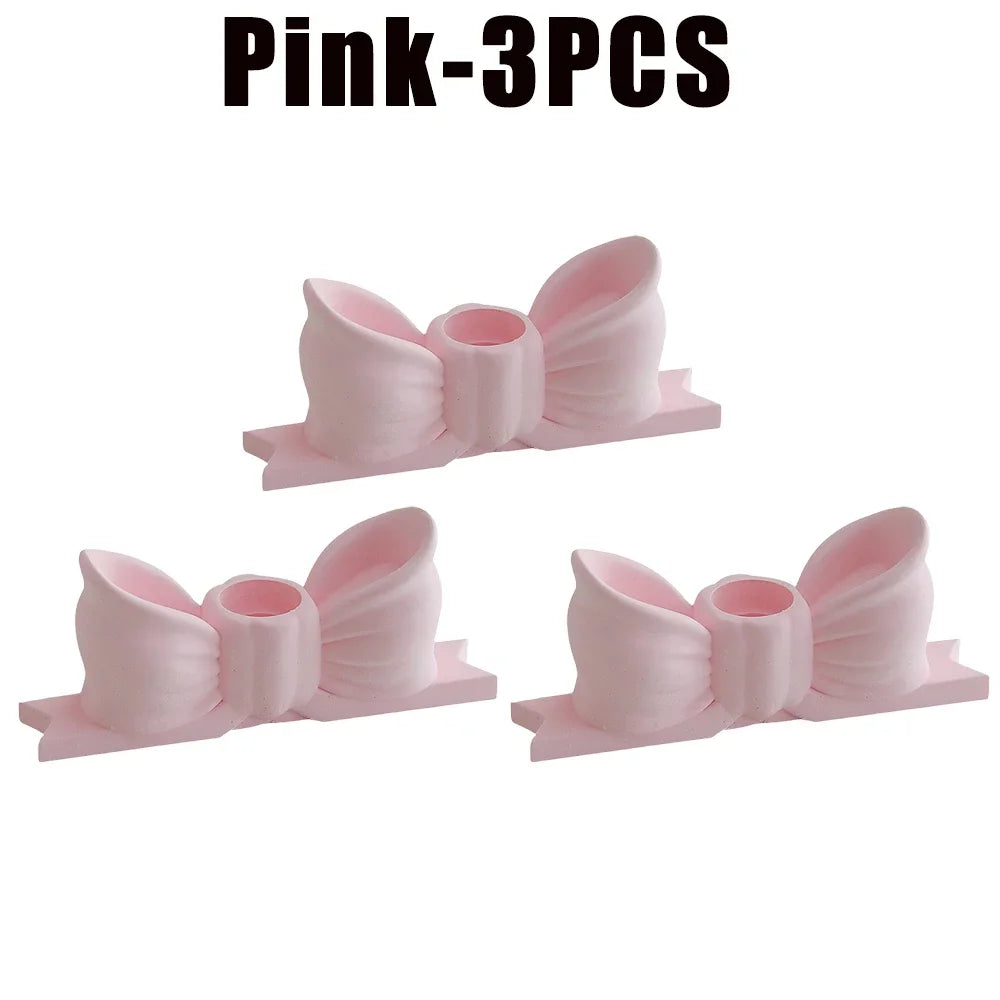 Gypsum Bow Candle Holder Long Candlestick Wedding Birthday Party Home Zpaxo Pink-3PCS
