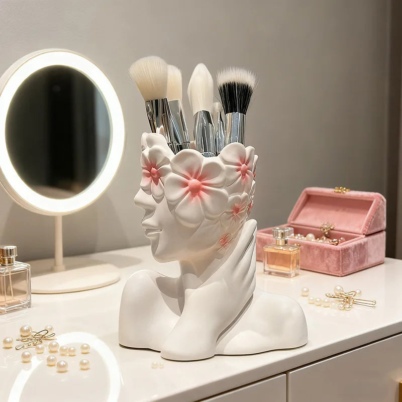 Nordic Face Girl Makeup Brush Holder – Resin Desk Organizer Makeup Brush Holder Zpaxo