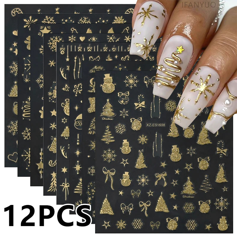 1/12pcs Multi Design Christmas Nails Sticker 3D Gold Stamping Sparkling Snowflake Christmas Tree Bowknot Winter Adhesive Decals Zpaxo