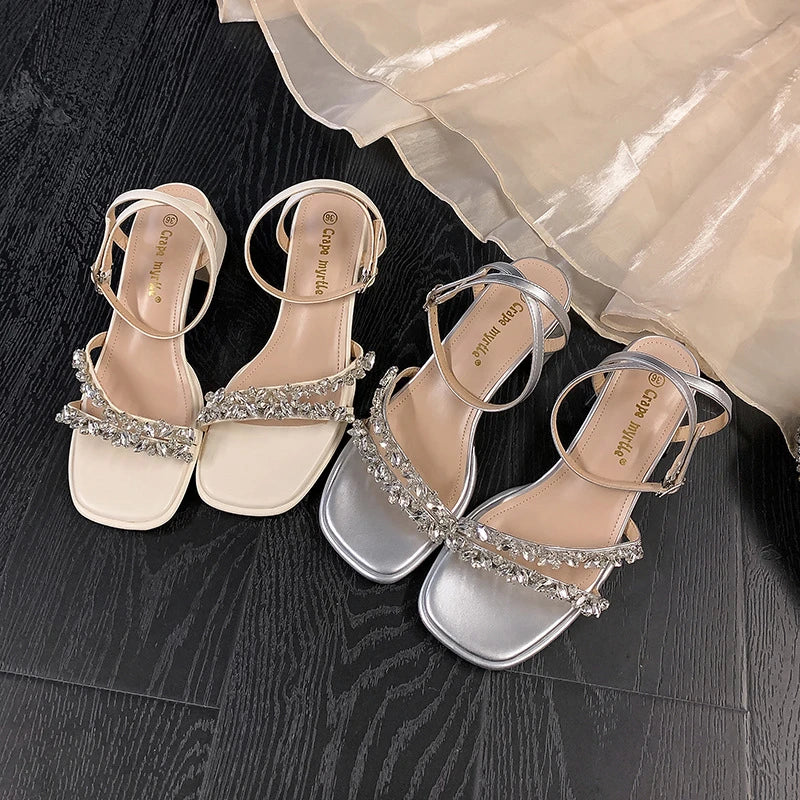 Summer French Rhinestone One Strap Sandals Open Toe Block Heels Zpaxo