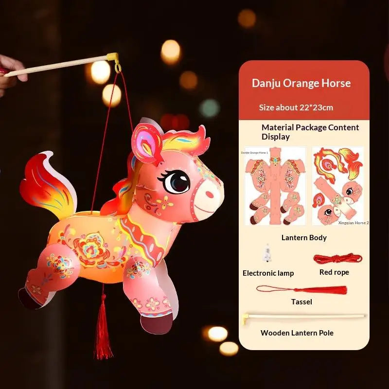 Handcrafted Cartoon Horse Pattern Lantern DIY Spring Festival Glowing Zpaxo A3