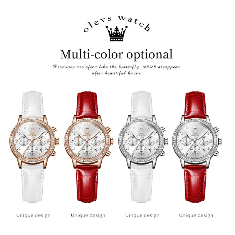 OLEVS Fashion Diamond Watches For Women Luxury Brand Rose Gold Case Ladies Quartz Watch White Leather Strap reloj para mujer Zpaxo