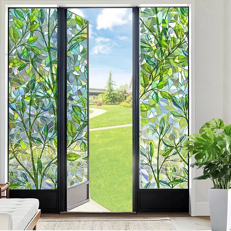 Green Leaf Mosaic Stained Glass Window Film Static Cling Rainbow