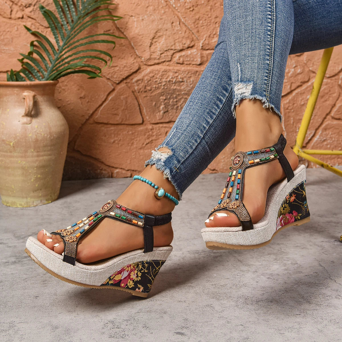 Women Sandals Heels Shoes Summer Beach Bohemian Wedge Platform Zpaxo