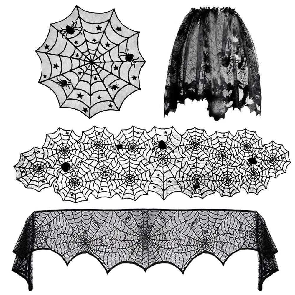 Halloween Decoration Black Spider Web Tablecloth Lace Table Runner