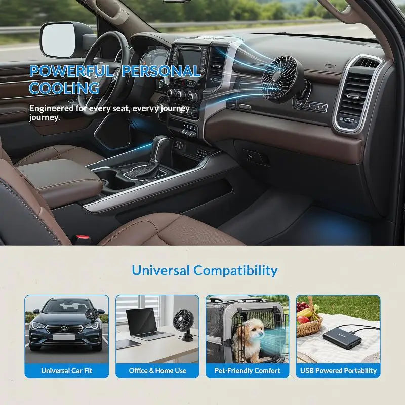 USB Car Air Vent Fan – 3-Speed 360° Adjustable 5-Blade Low Noise