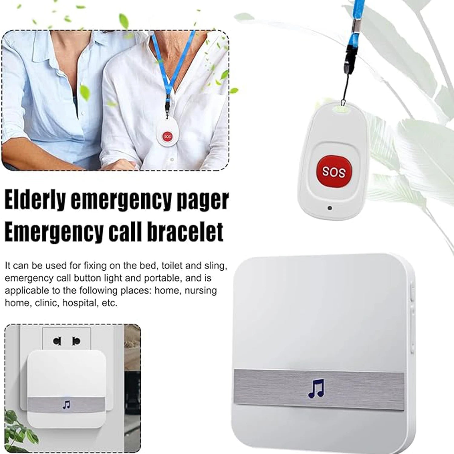 Wireless Doorbell with Pager Elderly Emergency Alarm, 52 Chimes, AC 110V-220V, 200M Range, Home Call Bell, (EU/AU/UK/US) Plug Zpaxo