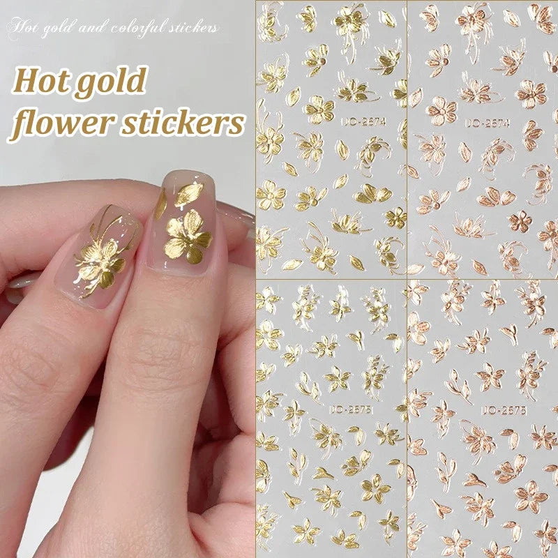 1/4 Sheets 3D Rose Gold Flower Nail Art Stickers Ultra-thin Self-Adhesive High Quality New Gold DIY Decals Manicure Decoration Zpaxo