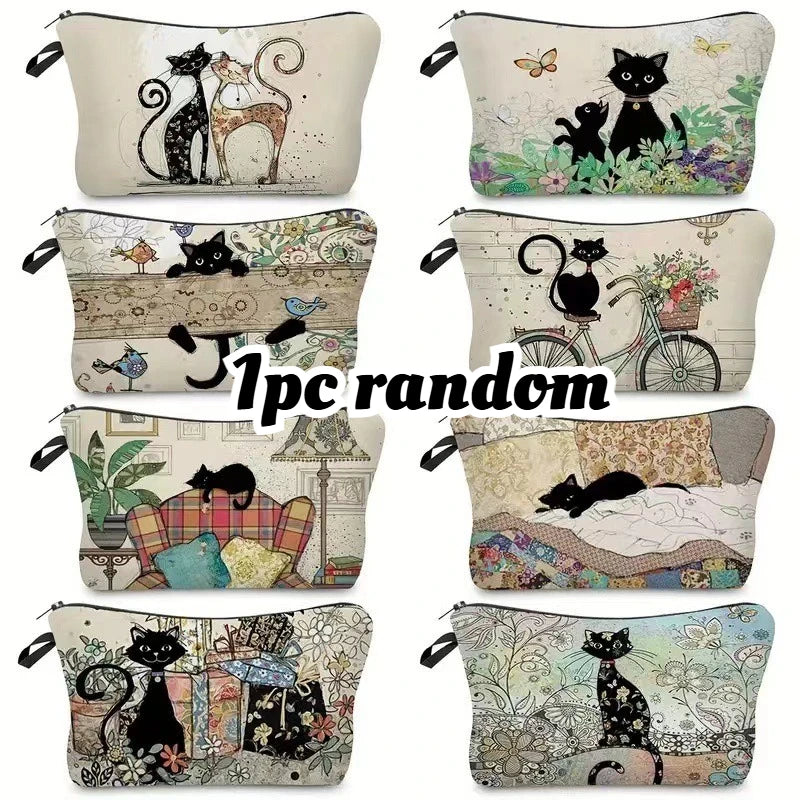 Large Capacity Cat Print Makeup Bag Women's Clutch Student Zipper