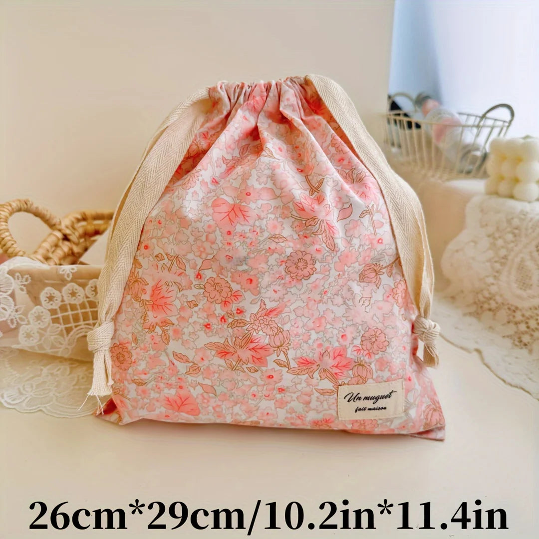 Hot Embroidery Bow Drawstring Bag, Multi-purpose Storage Box, Portable Travel and Home Dust Bag, Mom and Diaper Bag YUZI Zpaxo Pink flowers one size