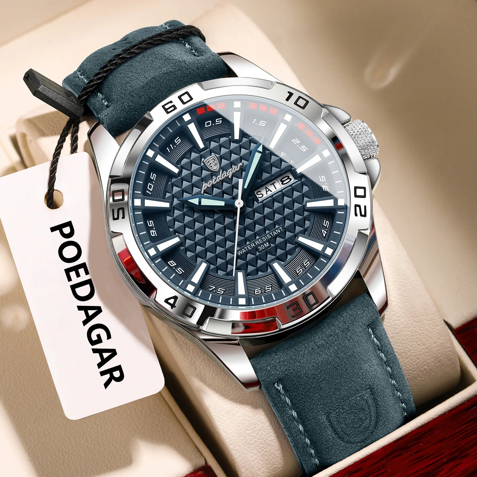 POEDAGAR Original Men Watch Luxury Waterproof Luminous Date Week Watch For Man Quartz Leather Fashion Men's Watches Reloj Hombre Zpaxo 895 Silver Blue