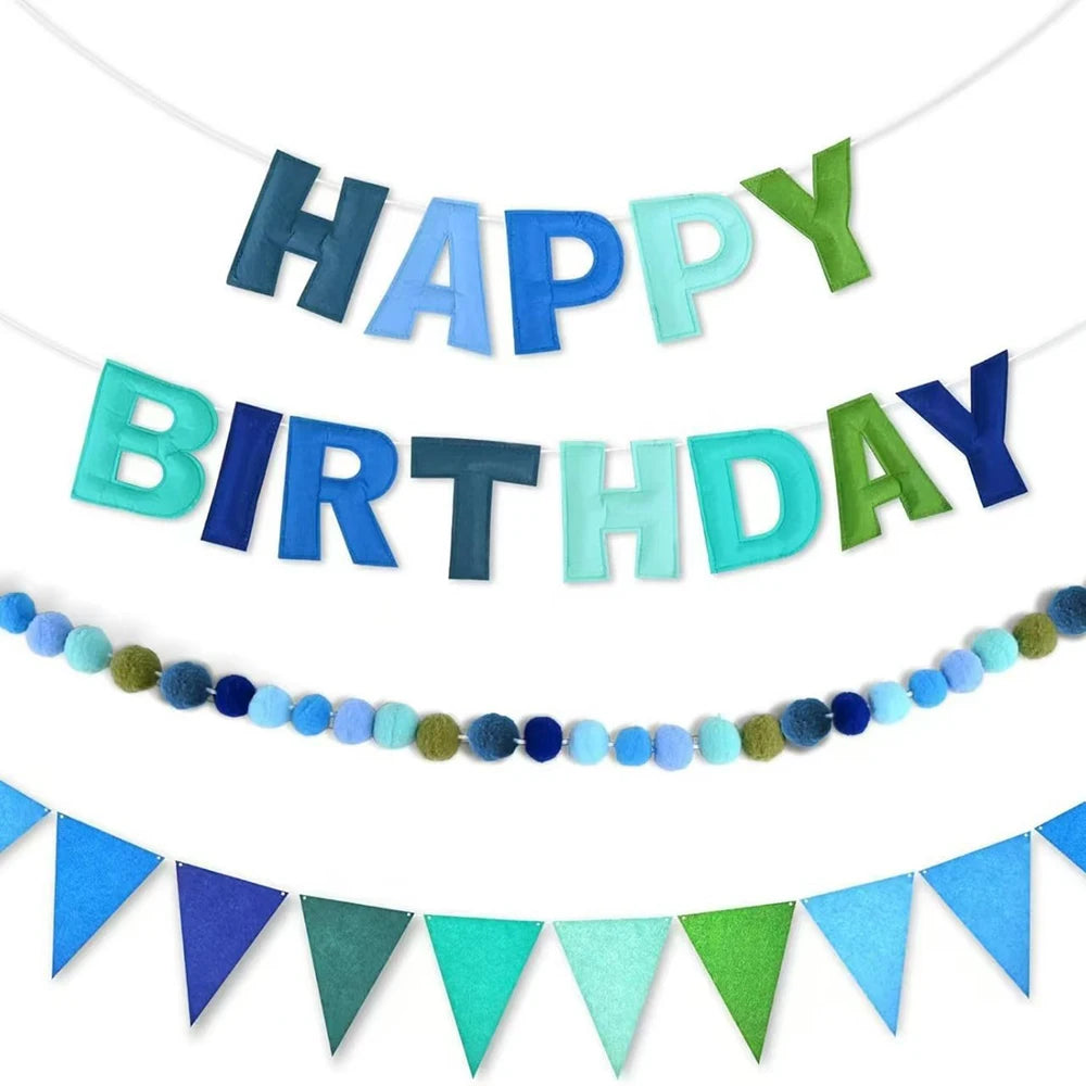 Felt Colorful Happy Birthday Banner Party Rainbow Fabric Garland Pom Zpaxo Blue green
