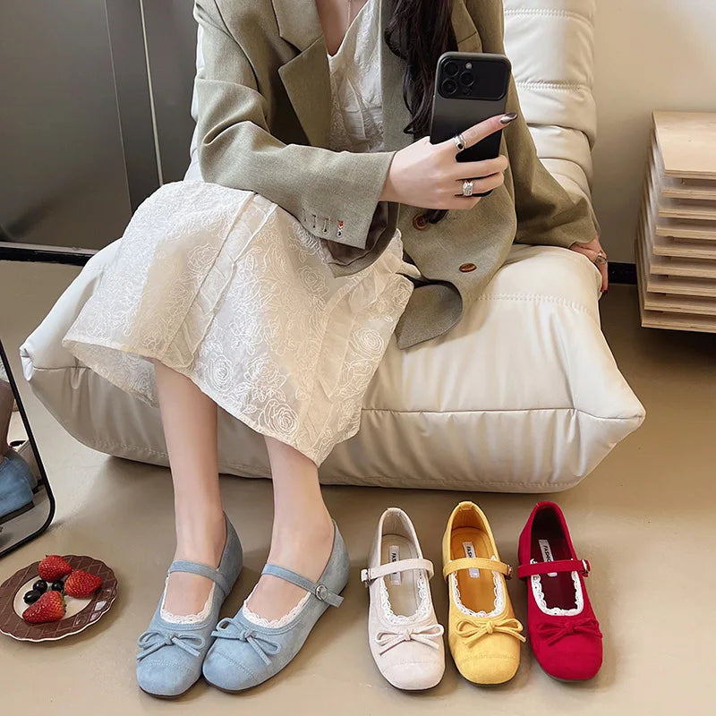 Flat Shoes for Women Spring and Autumn 2025 Suede Inside and Increased Height Mary Jane Shoes New Butterfly Bow Square Toe Shoes Zpaxo