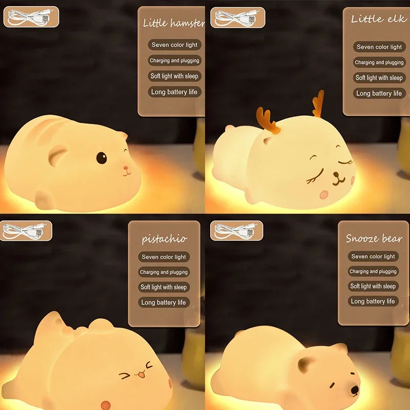 Cute Animal LED Night Light – USB Rechargeable Kids Bedside Lamp