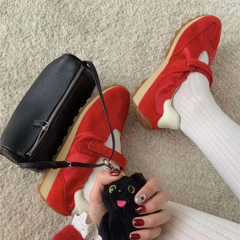 Flat Shoes for Women Spring Autumn 2025 Thick Soled Round Toe Red Casual Ballet Sneakers for Women Retro Mary Jane Shoes Zpaxo