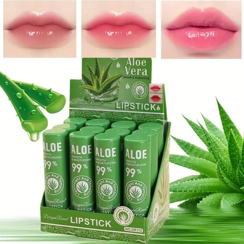 12-Piece Aloe Vera Lip Balm Set, Long-Lasting Moisturizing, Non-Stick, Waterproof, Color-Changing Jelly Lipstick Containing Plan Zpaxo Dr112