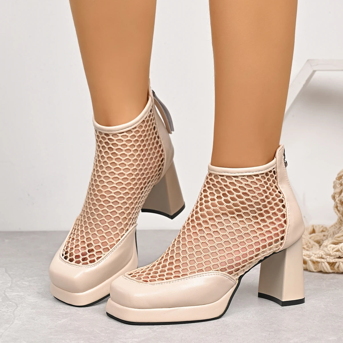 Women Boots Thick Heel Comfortable Sandals Breathable Summer Shoes Women Fashionable High Heels Shoes Rubber Zipper Mesh Booties Zpaxo apricot 41