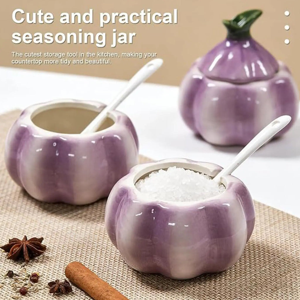 Salt Cellar Kitchen Ceramic Sugar Container Lid Spoon Onion Shaped