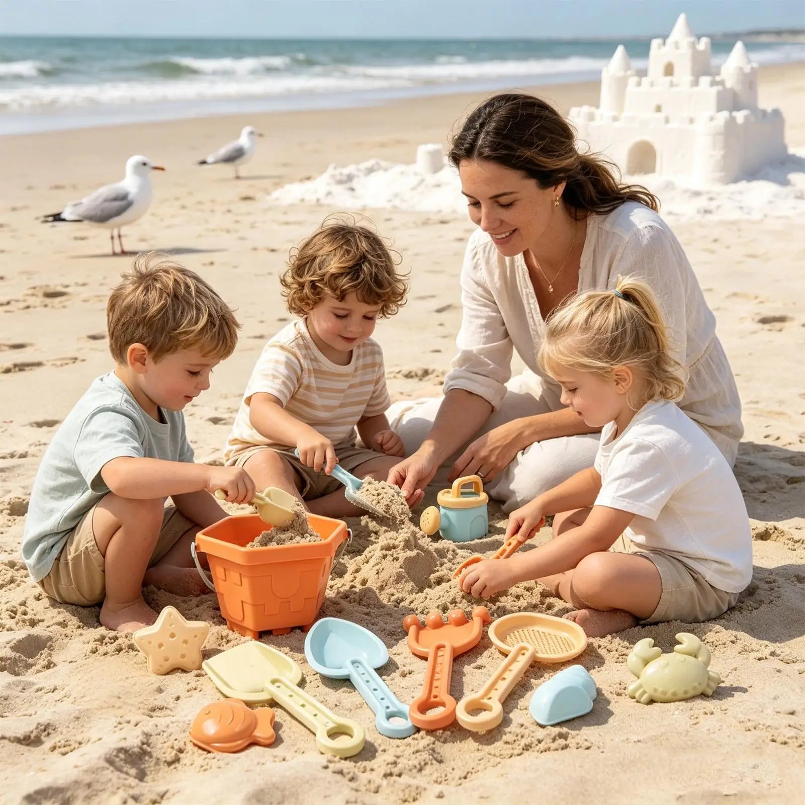 Beach Sand Toys Bucket Shovel Rake Starfish Crab Outdoor Summer Water