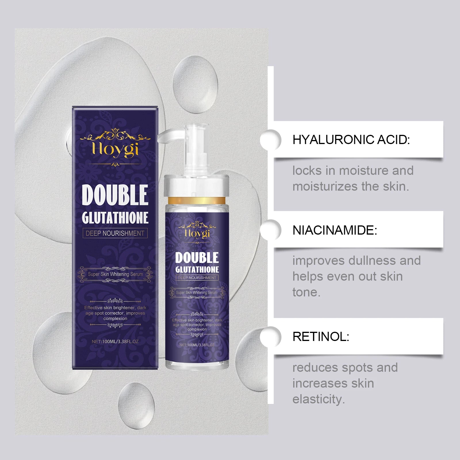 Double Glutathione Serum Lightens Dark Spots Even Skin Tone Skin Radiant Moisturizing Hydrating Smoothing Brighten Skin Care Zpaxo
