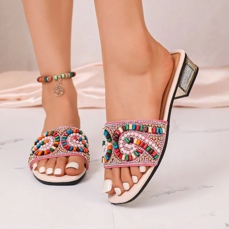 Bohemian Women's Square Open Toe Vintage Pearl Embellishment Slippers Zpaxo