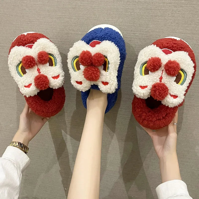 SHAJI Unisex Cute Lion Dance Plush Slippers Winter Warm Fluffy Zpaxo