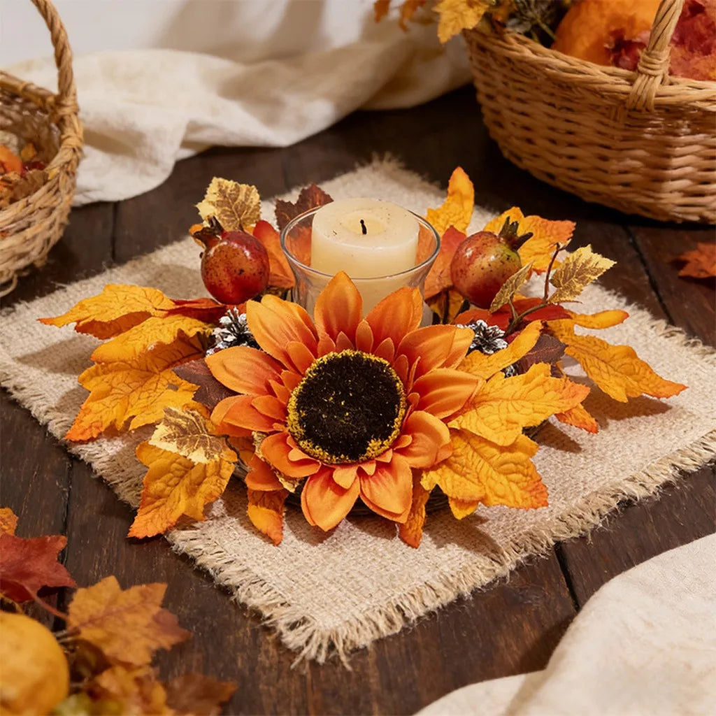 Fall Sunflower Wreath Candle Holder – Autumn Thanksgiving Decor