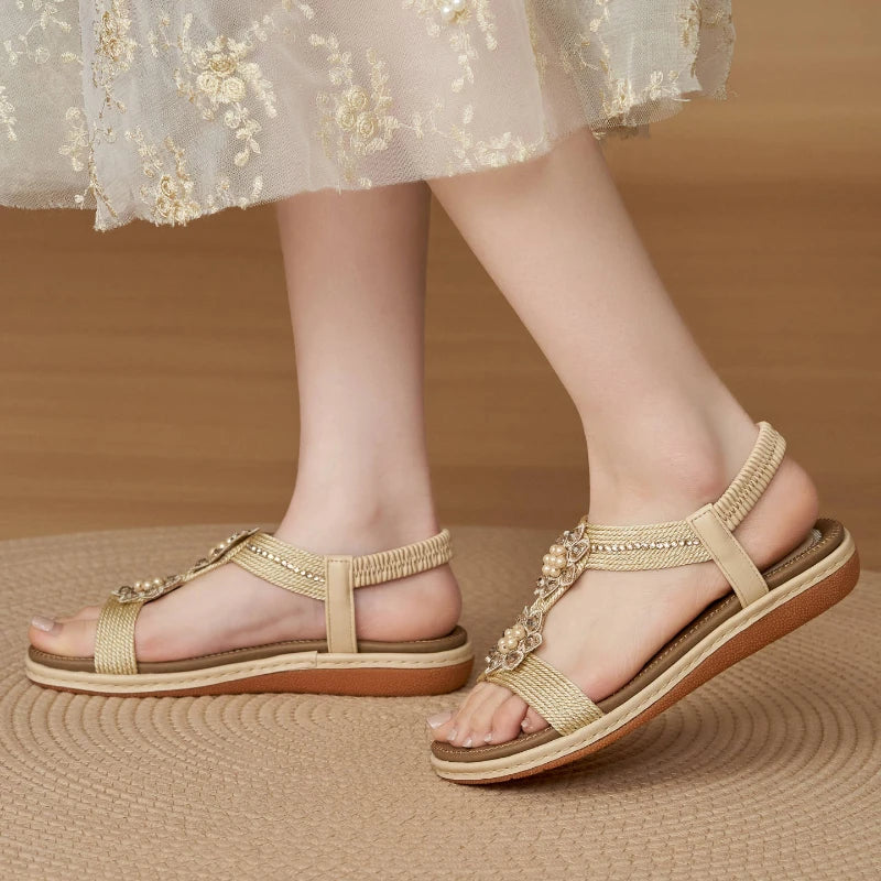 Rose Gold Woven Sandals Double Floral Beaded Rhinestone Accents Zpaxo