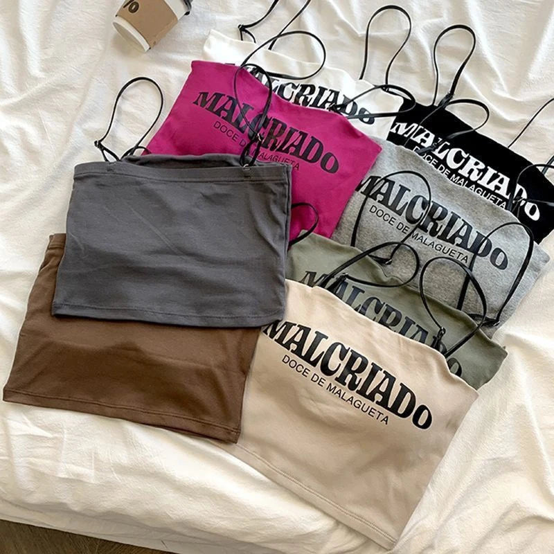 Sexy Crop Tops Women Summer Shirring Sleeveless Slim Camis Tops Bodycon With Chest Pad Letter Fashion Casual Soft Tops Female Zpaxo
