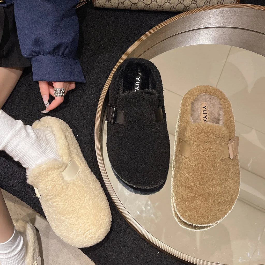 Soft Footbed Teddy Fur Mule Clogs Woman Winter Warm Plush Slide