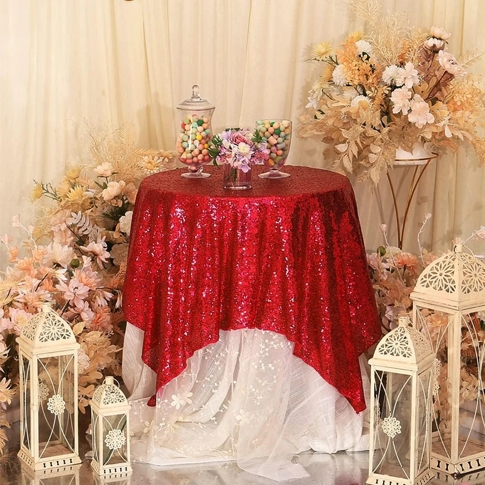 Sequin Tablecloth 50x50 Inch Shiny Square Table Overlays for Wedding Banquet Birthday Party Decor Black Red Zpaxo