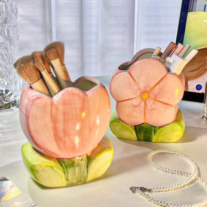 Flower Pen Holder Ceramic Desktop Decoration Cute Girl Desk Office