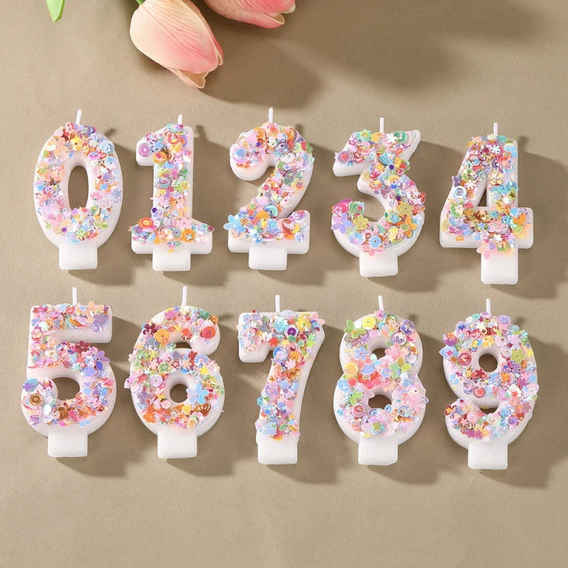 Sequined Flower Number Birthday Candles 0-9 Party Cake Decorations