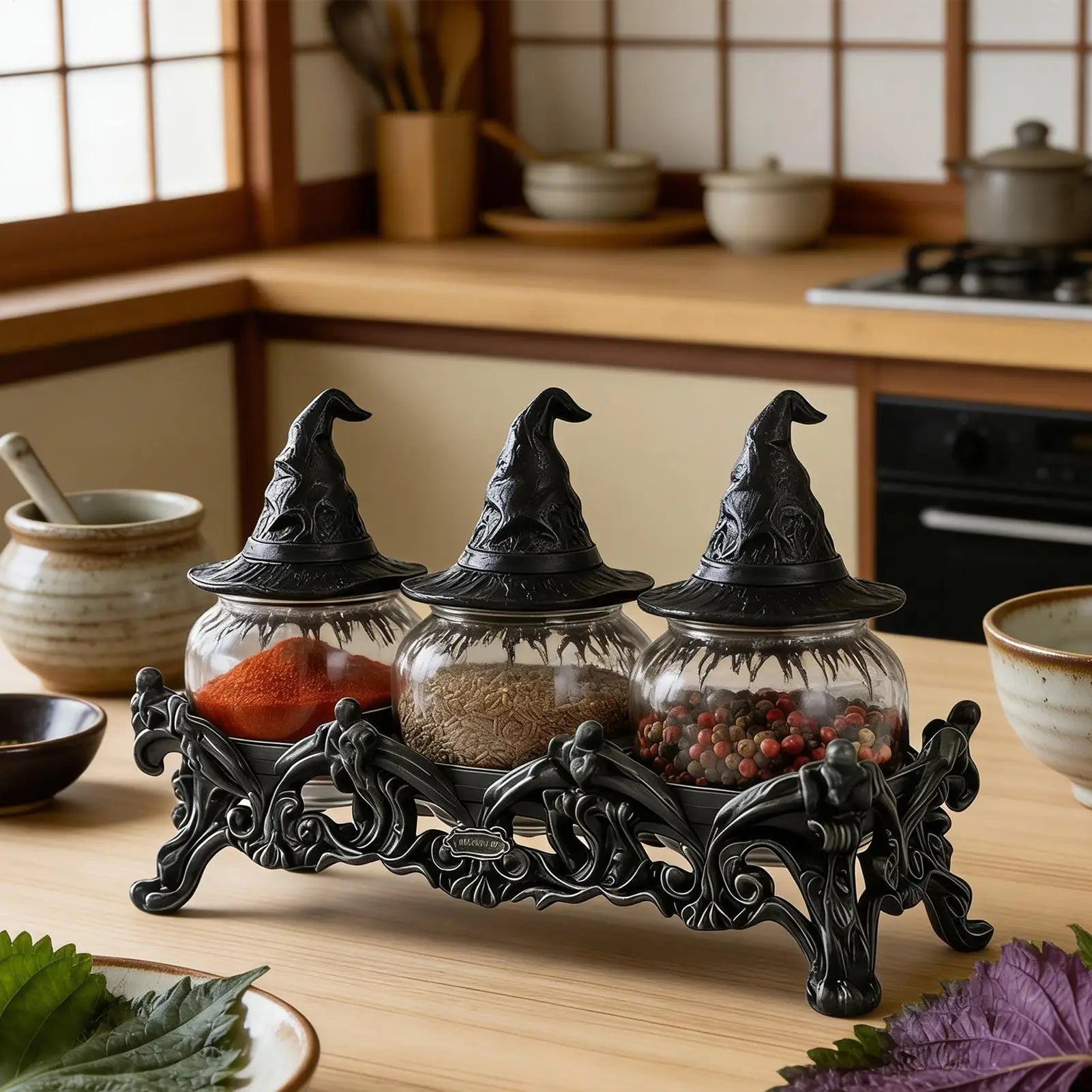 Witch Hat Jar Gothic Glass Vintage Lids Salt Pepper Seasoning
