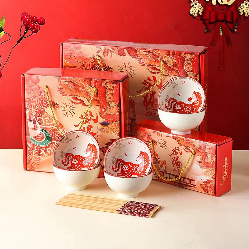 Year Horse Ceramic Bowls Chopsticks Year's Souvenir Zpaxo