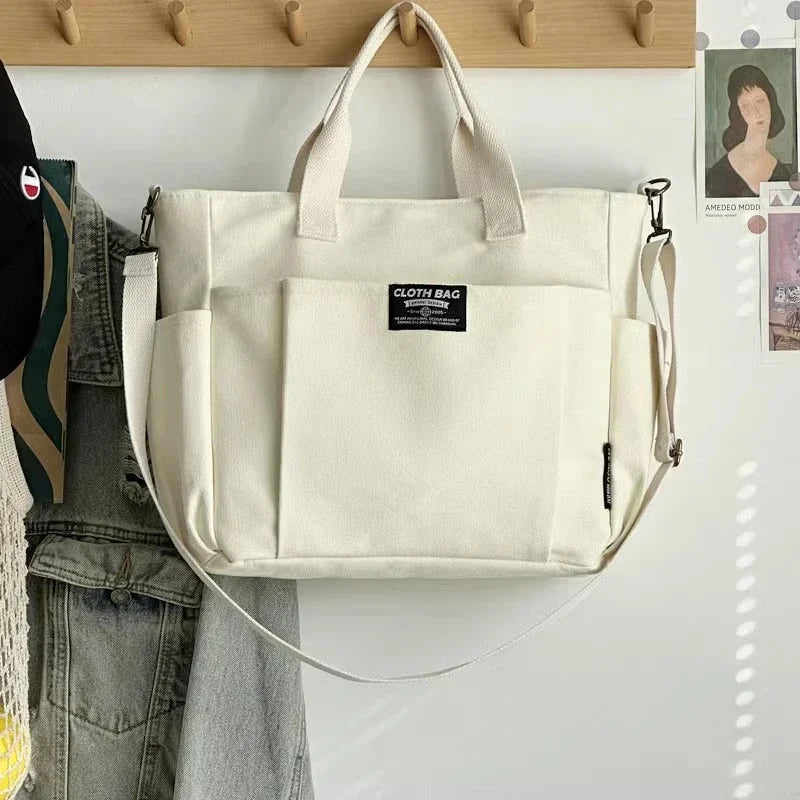 Large Capacity Canvas Tote Bag Women Simple Horizontal Shoulder Zpaxo white-1pc