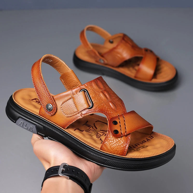 Mens Brown Leather Two Way Wear Sandals Open Toe Adjustable Strap Zpaxo