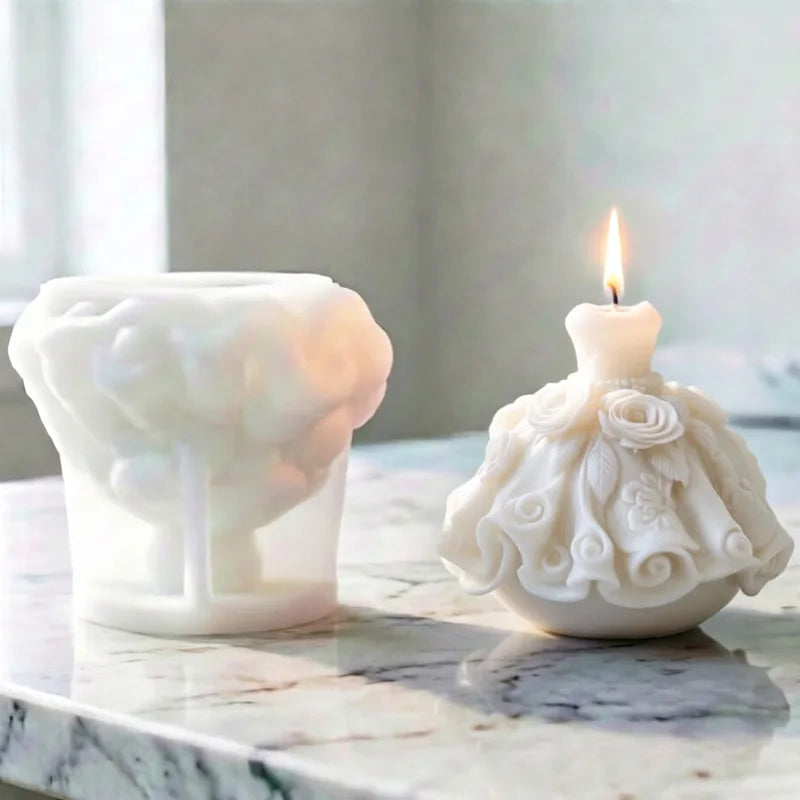 3D Flower Wedding Dress Silicone Candle Mold Princess Dress Aromatherapy Soap Gypsum Craft Ornament Making Mold Home Decor Zpaxo