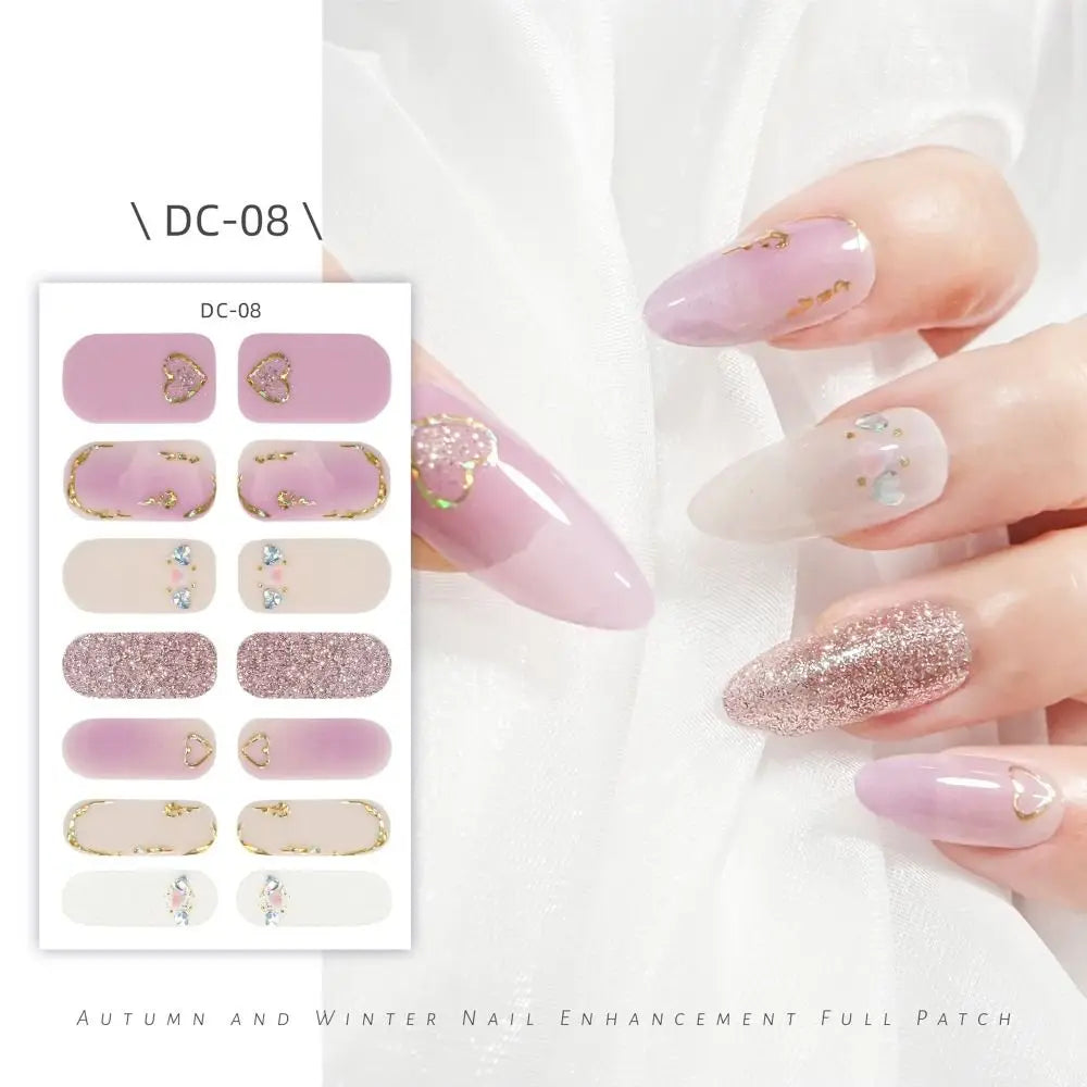 14 Strips Semi Cured Gel Nail Stickers Floristic Full Cover Gel Nail Polish Strips French Nail Art Glittering Nail Art Stickers Zpaxo DC-08
