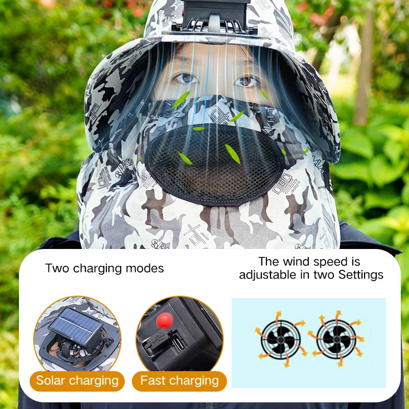 Solar Fan Cap Cooling Outdoor Hiking Fishing UV Protection Full Sun