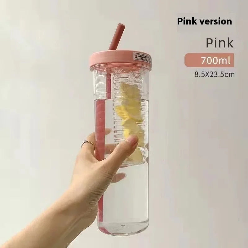 Hot Plastic Water Bottle with Straw Fruit Infuser Tea Juice Cup Fitness Outdoor Travel Bottles Kettle Transparent Straw Cup yuzi Zpaxo 700ml Pink