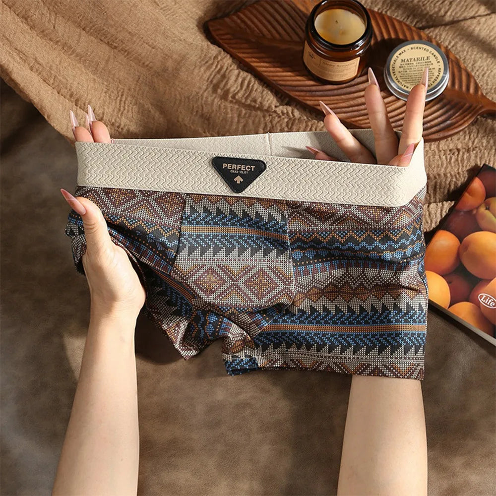 Retro Cotton Boxer Briefs Ultra Soft Breathable Men's Underwear 3D Support Pouch Ethnic Style Seamless Briefs Zpaxo Coffee 2XL