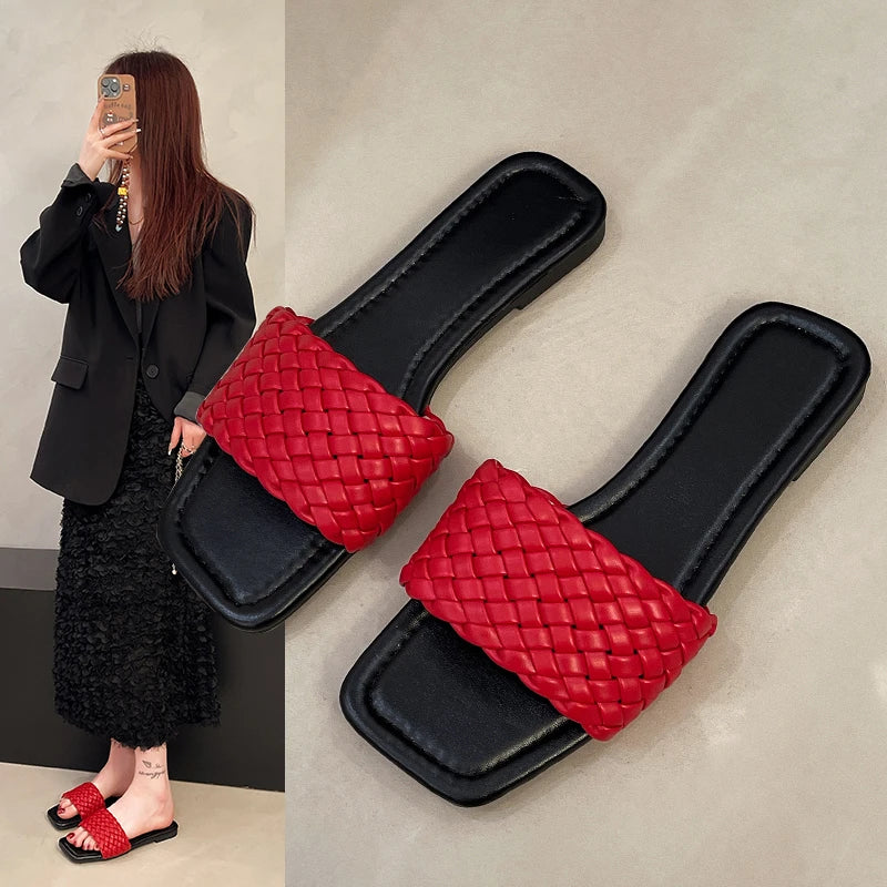 Women's Slippers 2025 Summer Selling Sexy Braided Red Square Toe Flat