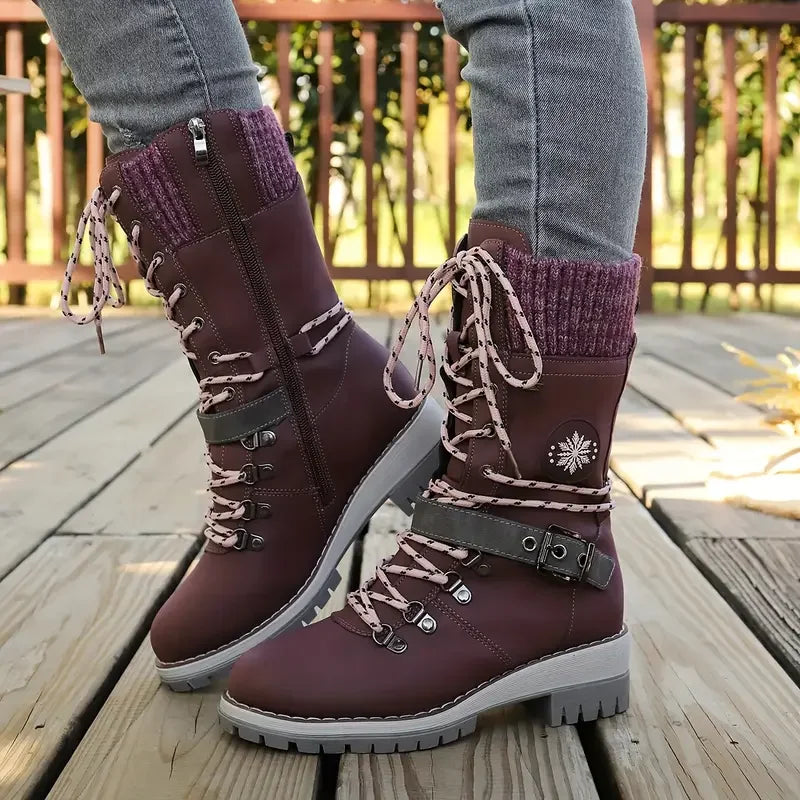Women Snow Boots 2025 New Comfortable Warm Non-slip Shoes for Women Buckle Lace Knitted Mid-calf Boots Low Heel Round Toe Boots Zpaxo PURPLE 37