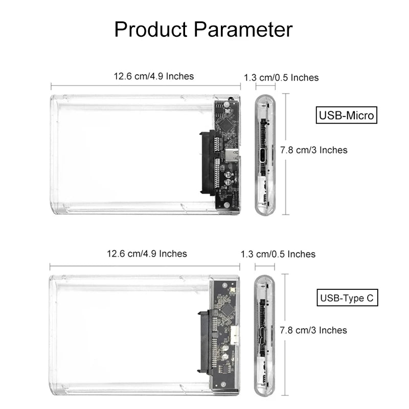 USB 3.0 Transparent HDD Enclosure 2.5" ,Type C Micro Cable External Hard Drive Disk Case 2.5 Inch SATA Box HDD SSD Computer Zpaxo