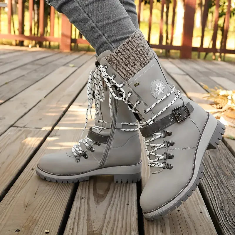 Women Snow Boots 2025 New Comfortable Warm Non-slip Shoes for Women Buckle Lace Knitted Mid-calf Boots Low Heel Round Toe Boots Zpaxo GRAY 37