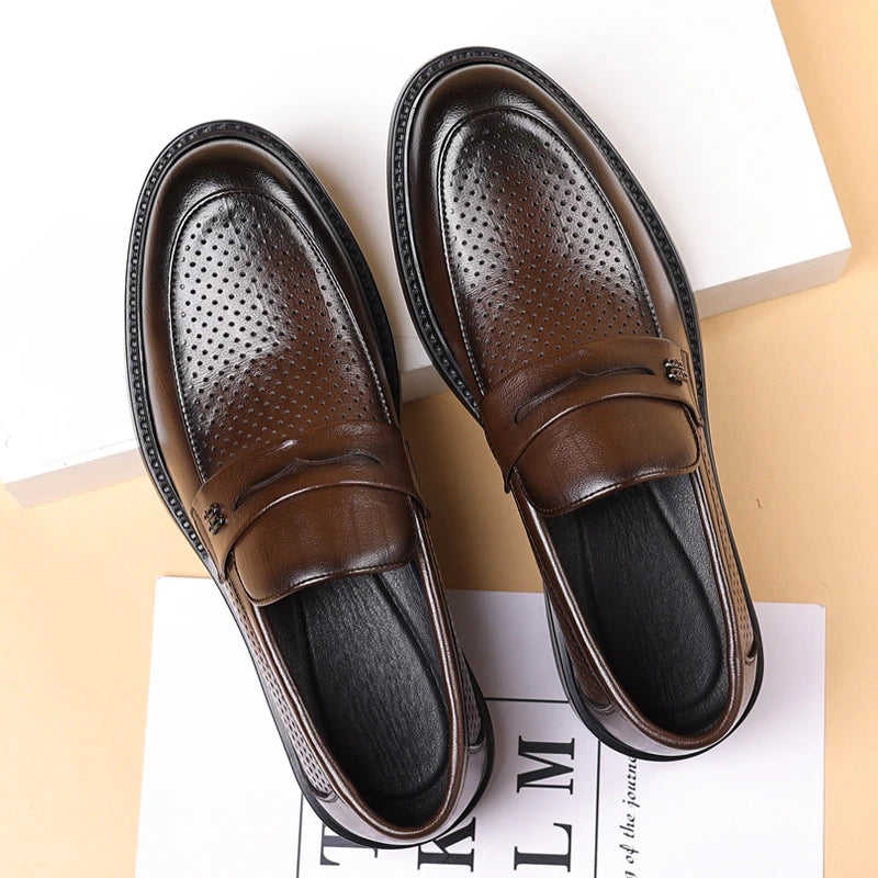 Mens Black Penny Loafers Perforated Detail Slip Comfortable Zpaxo