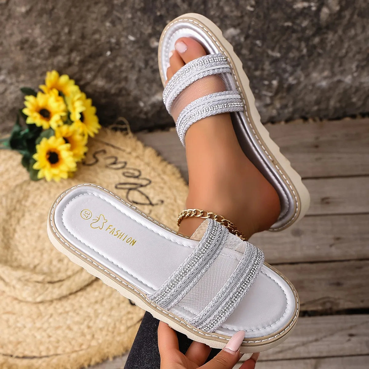 Women Slippers Summer Style Ethnic Sandals Plus Size Comfortable Slippers Trend Lightweight Outsole Shoes Beach Slides Women Zpaxo Silver 43