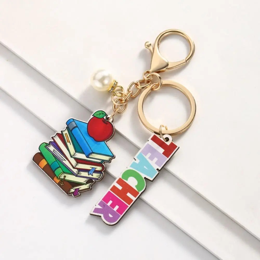 Wooden Teacher's Day Keychain English Letter Geometric Shape Text Keychain Pendant Colorful Rainbow Pen Holder Key Ring Zpaxo Style 1